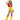 Person wearing a yellow and red costume with an apple detail on a white background