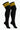 A pair of black knee-high athletic socks with three yellow stripes near the cuff, shown on a light gray background.