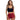 Woman wearing a black crop top and red shorts with black heart patterns on a white background