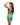 Woman wearing a green and blue tropical print short set on a white background