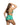 Woman wearing a green and blue tropical print short set on a white background