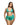 Woman wearing a green and blue leaf-patterned short set on a white background