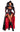 Woman wearing a black and red costume with a long red cape on a white background