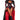 Woman wearing a black and red costume with a long red cape on a white background