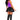 Person wearing a black vinyl outfit with a purple top on a white background
