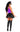 Person wearing a black vinyl outfit with a purple top on a white background