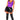 A model wearing a purple bodysuit with black accents, a pleated vinyl skirt, and black boots with cat ears. The bodysuit features a video game-inspired graphic.