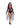 Woman wearing a red and black Halloween costume with a white background