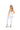 Woman wearing a unicorn costume with white outfit and rainbow horn on a white background