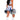 Person wearing a cheerleader costume with a white and blue skirt, top, and holding pom-poms on a white background.