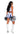 Person wearing a cheerleader costume with a white and blue skirt, top, and holding pom-poms on a white background.