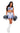 A model wearing a white and blue cheerleading outfit with pom poms, featuring a Playboy logo on the top.