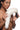 Woman holding a white fur fox tail against a white background