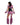 Woman wearing a pink and black leopard print costume on a white background
