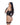 Woman wearing a black lace bodysuit on a white background