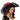 Person wearing a black pirate hat with a red ribbon on a white background