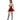 Person wearing a costume with a red and black dress, white gloves, and black and white checkered stockings on a white background.